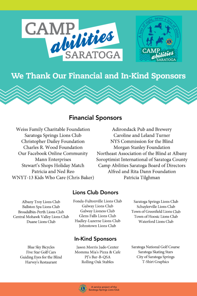 List of financial sponsors, Lions Club Donors, and In-Kind Sponsors for Camp Abilities Saratoga 2019
